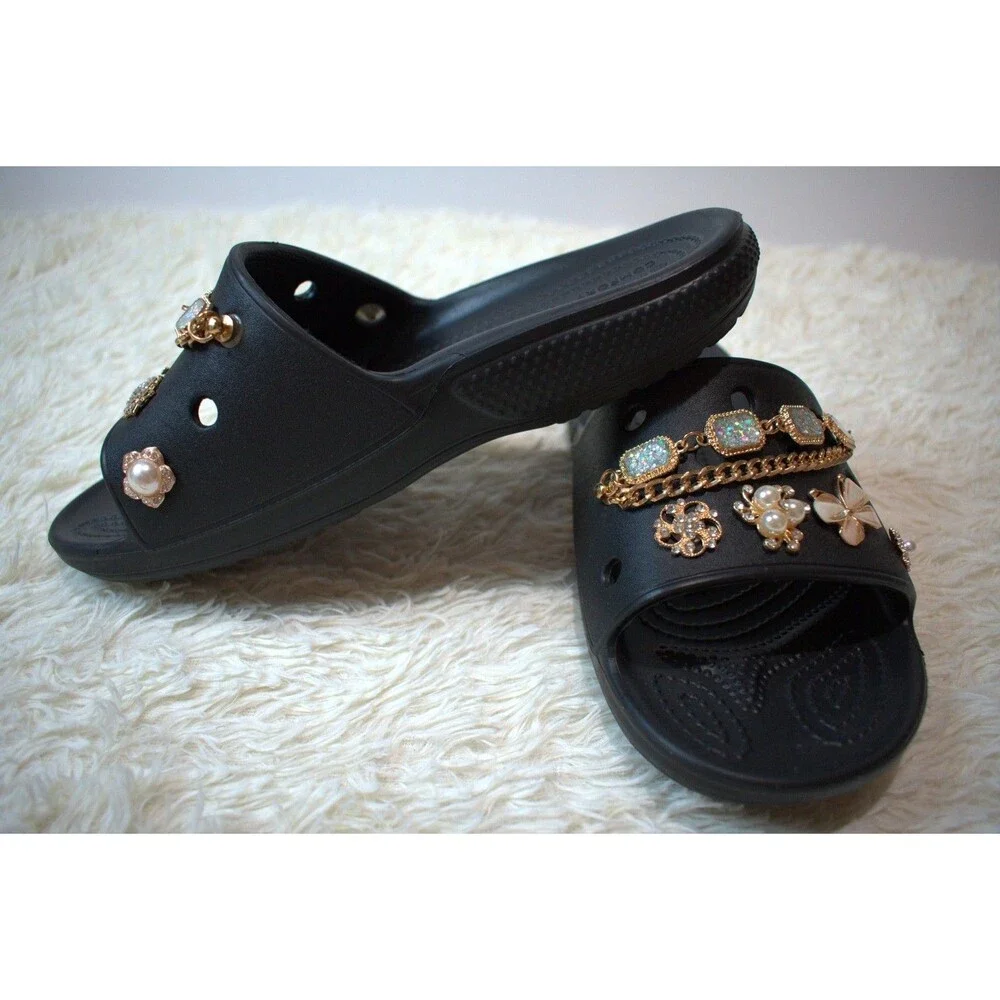 Crocs Slides Customized with Gold Luxe Charms (206761‑001 ) - Women's Size 10